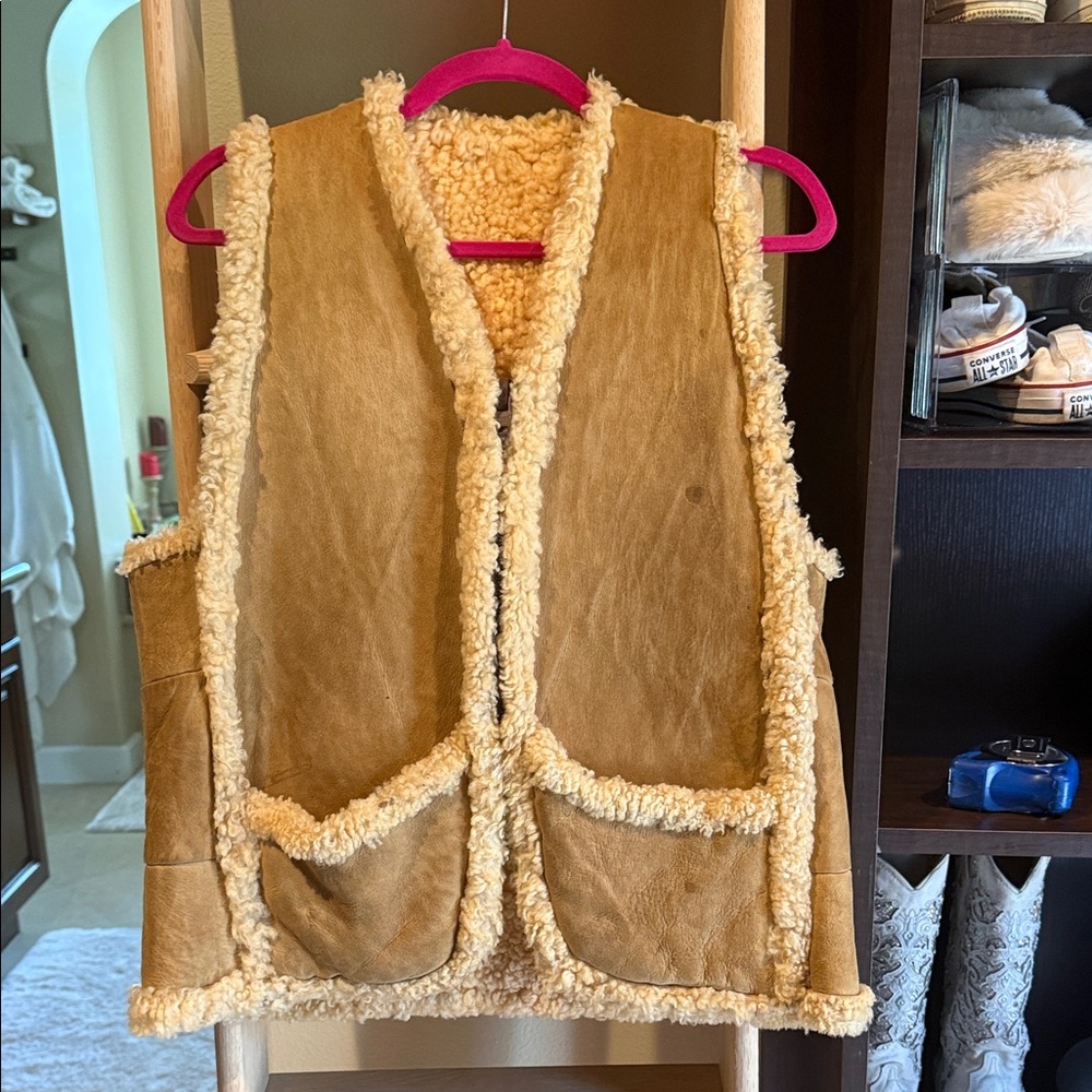 Tan Shearling Wool Vest with Pockets